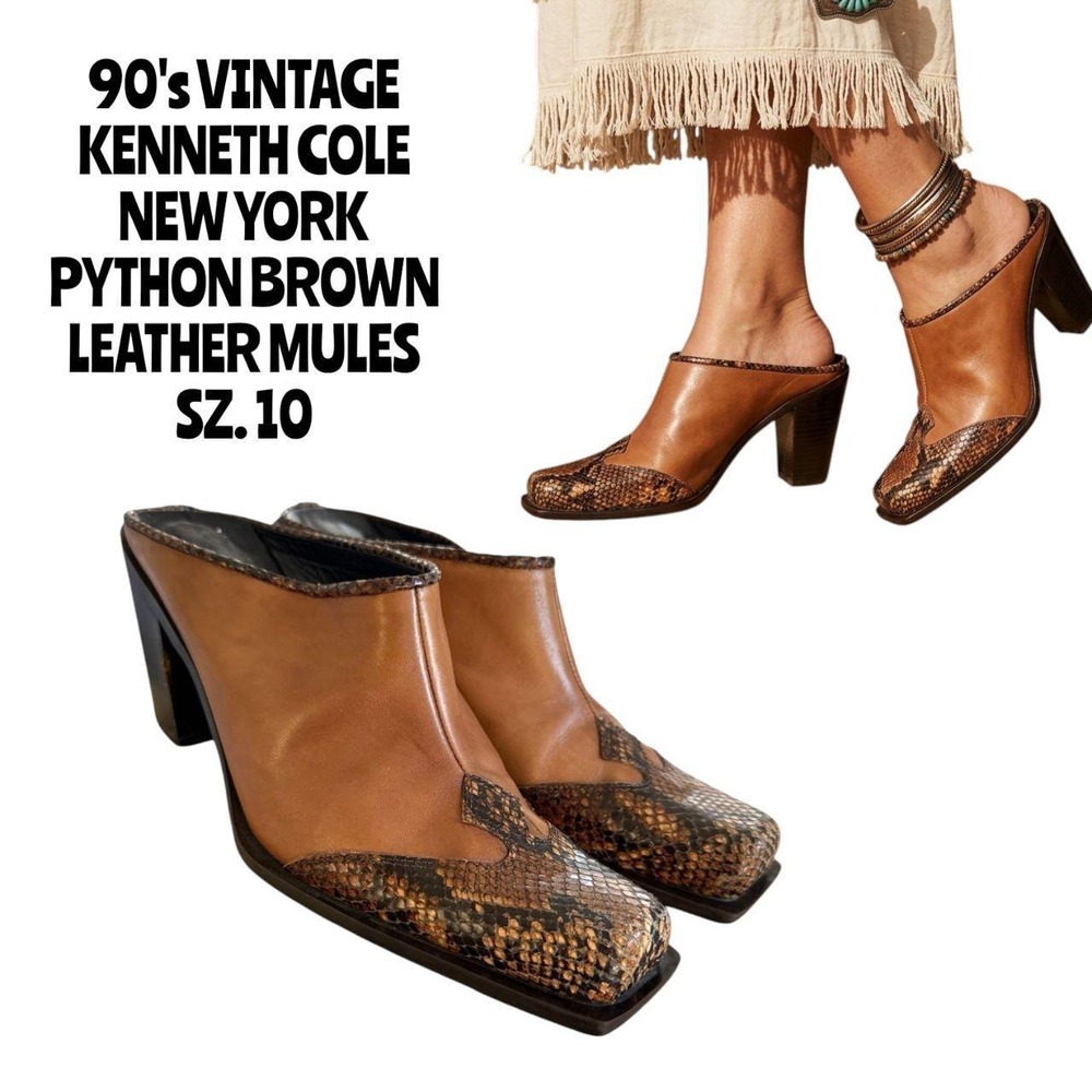 Vintage 90s Kenneth Cole New York Two-Tone Python Leather Square Toe Mules 10
